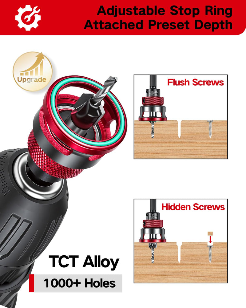 9 PCS Countersink Drill Bits Set, 5PCS Two-Flute TCT Alloy Tapered Drill Bits and Adjustable Depth Stop Collar, Wood Countersink Bit with Wrench for 82 Degree Woodworking, Plywood and MDF DIY 9PCS