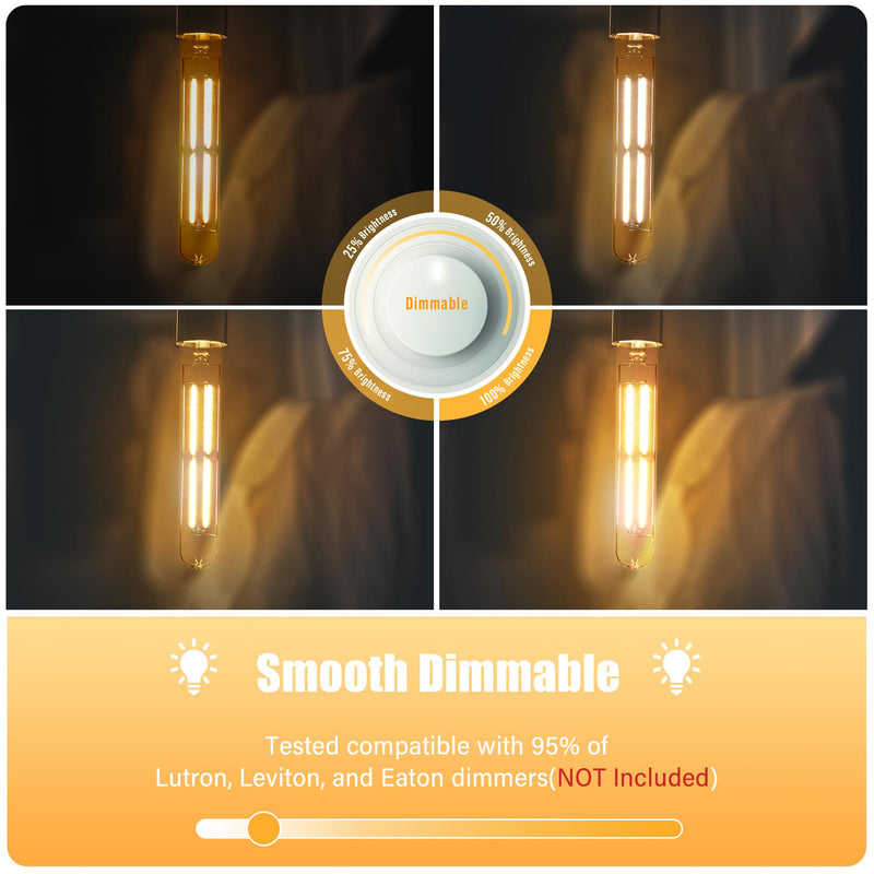 8.9IN LED Light Bulbs E26 Base, 6W 800LM 2700K Soft White T10 T9 Vintage Edison Bulbs Dimmable, AC 120V Equal 80 Watt Clear Glass Long Tubular Filament Bulb, ETL Certified - 4Pack 9 Inch 6W (4 Count)