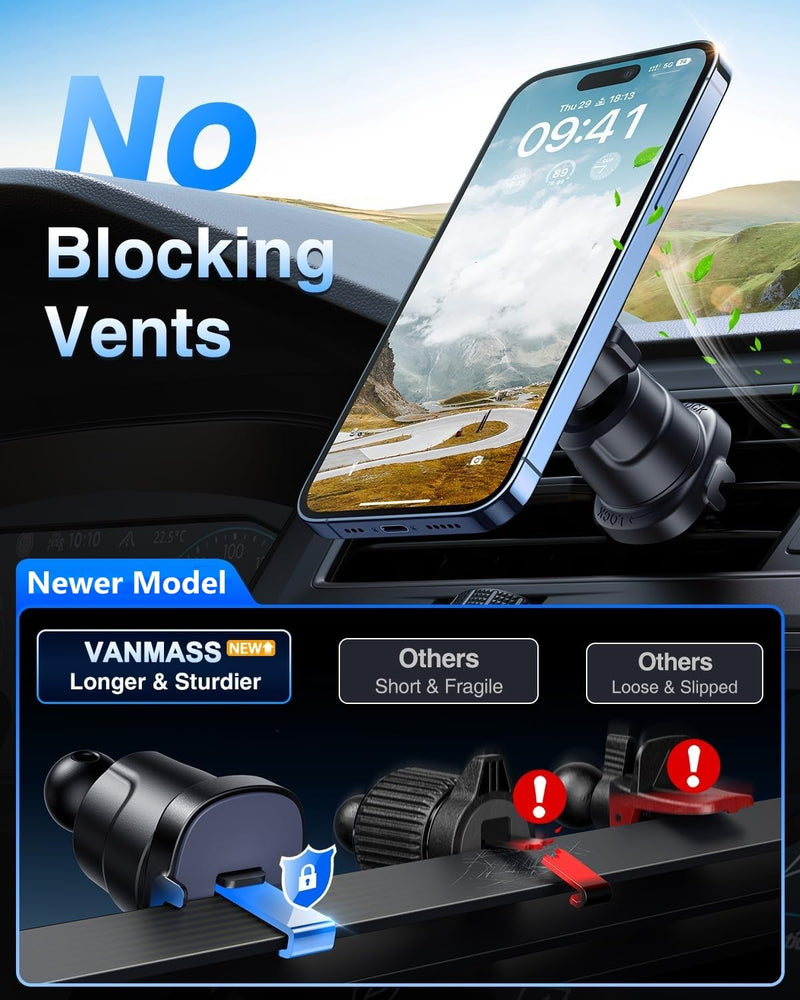 VANMASS for MagSafe Car Holder [Dash+Windshield+Vent] Magnetic Phone Mount | Military-Grade Certified,Upgraded Strongest Magnet&Suction,Truck Tesla Cell Stand Cradle for iPhone 17 Pro Max 16 15 14 13 12 Black