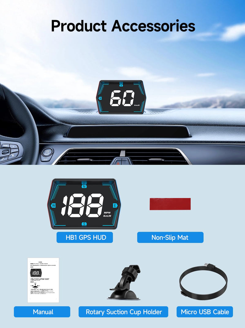Moman Car HUD Digital Speedometer for Car Head Up Display KM/H MPH Compass Direction USB Cable Plug & Play Over Speed Alert for All Vehicle