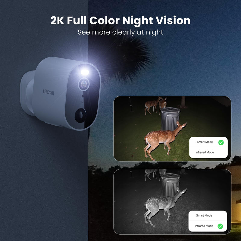 litokam Security Cameras Wireless Outdoor, 2K Battery Powered Outdoor Camera Wireless with Full Color Night Vision, PIR Motion Detection, 2.4G WiFi Home Indoor Camera with IP65 Waterproof, 2-Way Talk 2 Pack-2.4GHz-3MP White