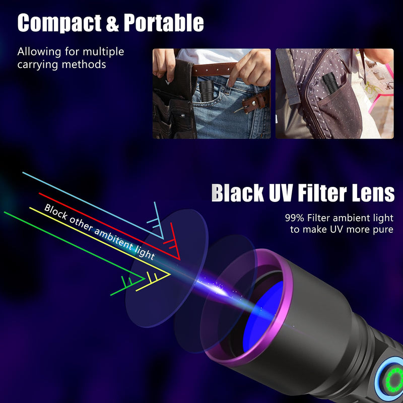 365nm UV Flashlight Black Light Rechargeable, Powerful Blacklight Flashlights, Portable UV Light for Pet Urine Detection, Resin Curing, Rocks, Bed Bugs, Scorpion, Yooperlite, Uranium Glass, AC Leak