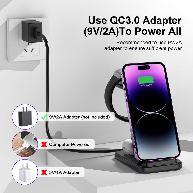 3 in 1 Wireless Charging Station, Fast Wireless Charger for iPhone 17 16 15 14 13 12 Pro Max Plus Air, Charger Stand for iWatch 11 10 9 8 7 6 5 4 3 2 Ultra SE, for Airpods 4 3 2 Pro Purple