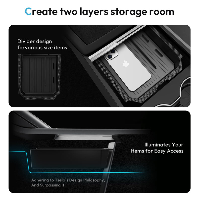 Upgraded Tesla Model Y Juniper Accessories 2026-2025 Center Console Organizer Tray 5PCS for Tesla Model 3 Accessories 2025 Highland, Hidden Storage Box, Cup Holder & Armrest Drawer Organizer BLACK