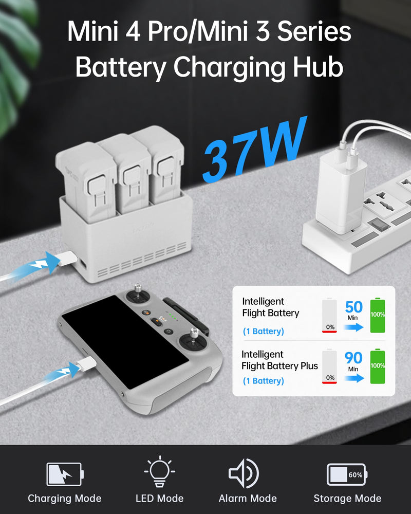 Mini 3 /Mini 4 Pro Battery Charger Hub, 37W Fast Charging Two-Way Hub with Storage LED Light Alarm Mode for DJI Mini 3, Mini 3 Pro, Mini 4 Pro Charging Hub