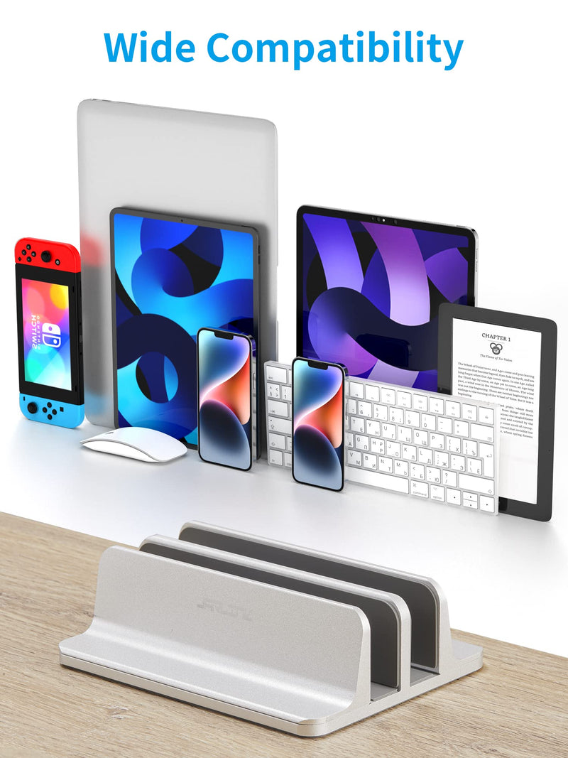 JARLINK Vertical Laptop Stand Holder, Aluminum Double Desktop Stand Holder with Adjustable Dock (Up to 17.3 inch), Compatible with MacBook, Surface, Chromebook, and Gaming Laptops, Silver 2-slot