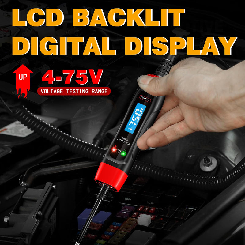 Automotive Test Light 4-75V DC LCD Digital Voltage Tester with Buzzer Sound, Auto Circuit Tester with Voltmeter, Electric Test Probe Pen for Car Battery Polarity Continuity Fuses
