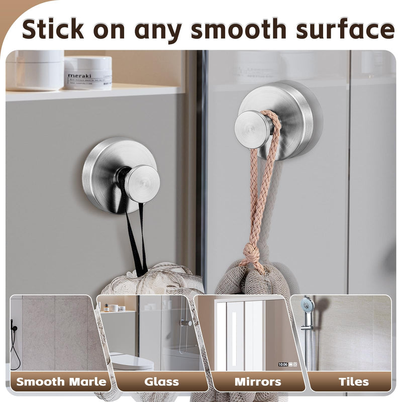 Suction Cup Hooks for Shower,Stainless Steel Towels Hook No Drill | Heavy-Duty Suction Hooks for Glass/Tile/Metal. Rust-resistant, Removable & Reusable for Home & Wreaths 2Pcs, Brushed Nickel 2