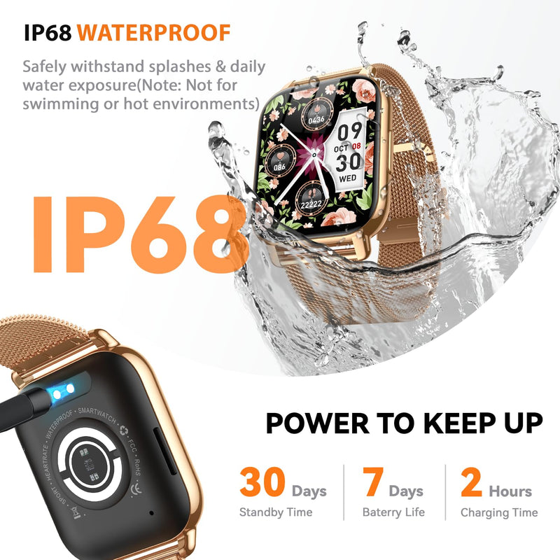 Smart Watch for Women, Fitness Tracker with Bluetooth Calls & AI Voice Control, 1.85’’ HD Screen, Heart Rate/SpO2 Monitor, Sleep Tracker, Compatible with Android iOS (Gold) Gold
