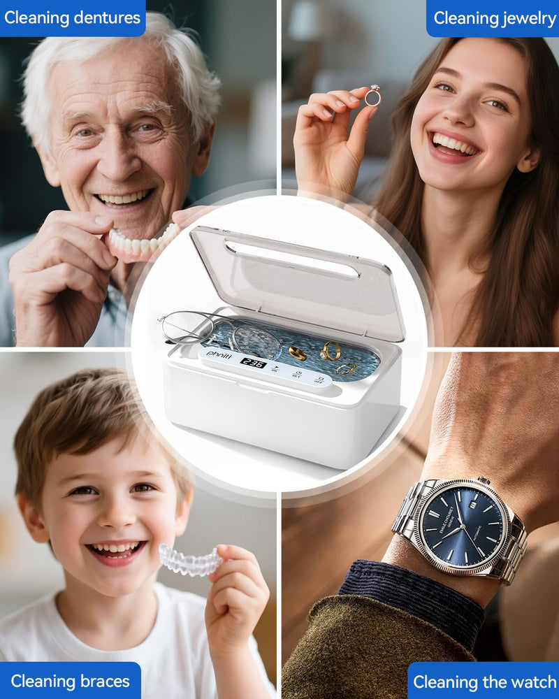 Phniti Ultrasonic Jewelry Cleaner, 47kHz Professional Ultrasonic Retainer Cleaner Machine for Dental Cleaning Three Cleaning Modes, Mouth Guard, Watch, Ring, Diamond, White 330ML