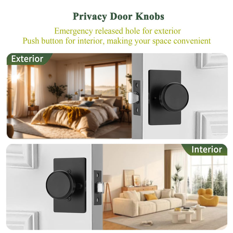 parro Black Door Knob Interior for Bath & Bedroom, Bathroom Door Knob with Push Lock, Privacy Interior Door Handle with Lock Matt Black