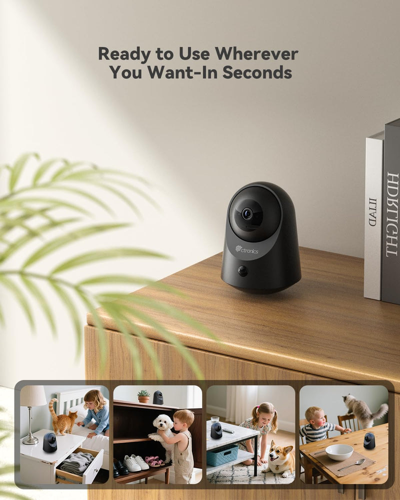 Ctronics 2K 3MP Indoor Security Camera,100% Wireless Battery Camera, 20m Infrared Night Vision, App & PC, FTP/Local Storage/Cloud, PIR Motion Detection, 2.4GHz WiFi, Two-Way Audio, Black