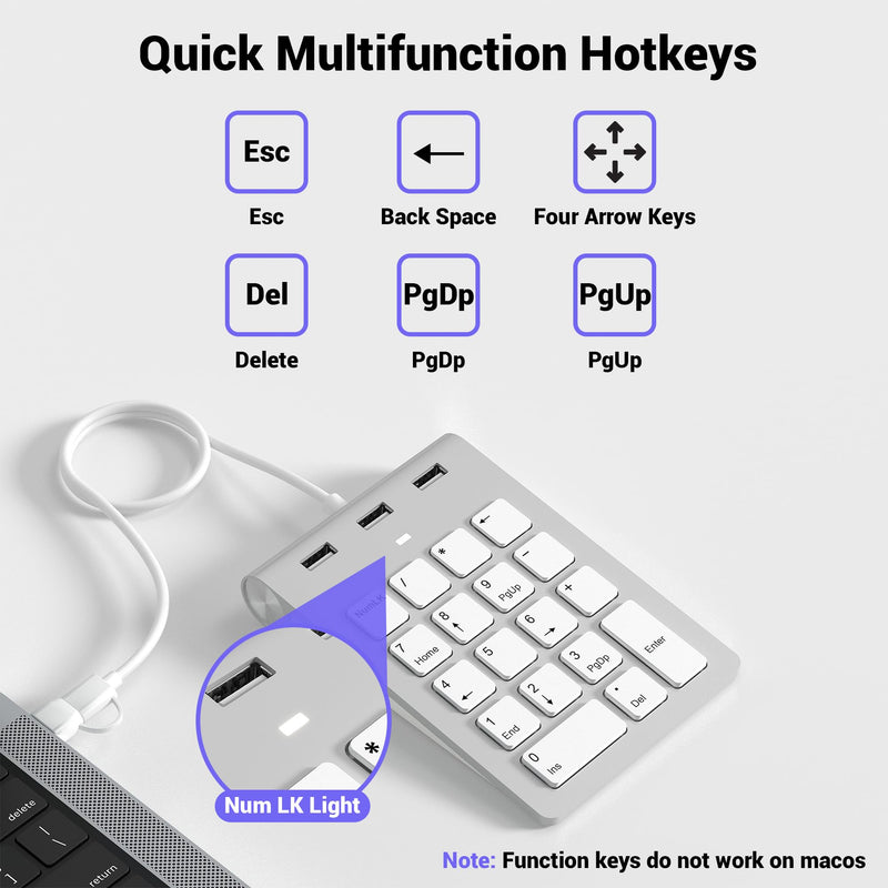 2 in 1 USB & USB-C Number Pad with USB Hub for Laptop/PC, 15° Ergonomic | Wired Numeric Keypad for MacBook/Laptop/Desktop/Surface/iPad, Plug & Play 18 Keys Numpad for Windows, macOS & Chrome OS