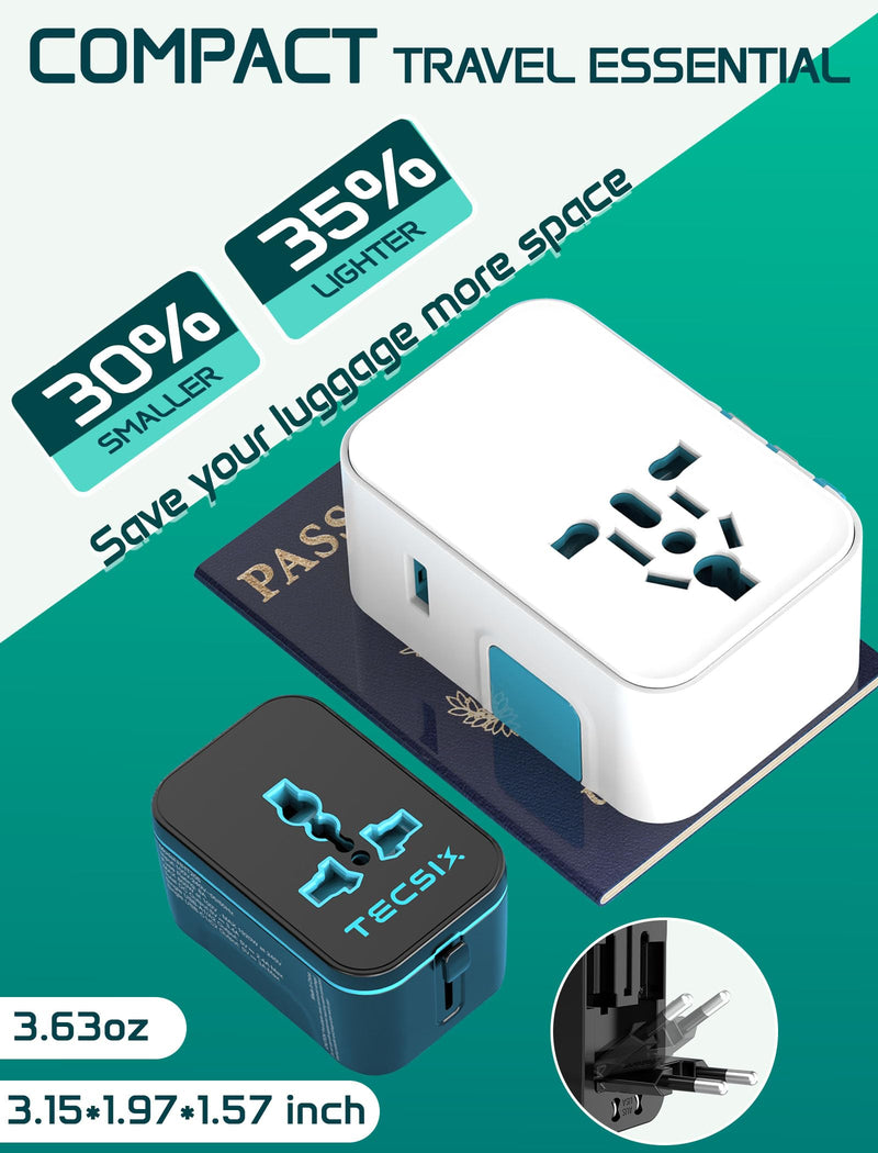 Universal Travel Adapter Worldwide, TECSIX European Travel Plug Adapter with 2 USB C, 2 USB A and Multi AC Outlets, International Power Converter for EU US UK AUS 200+ Countries Type A C G I black blue