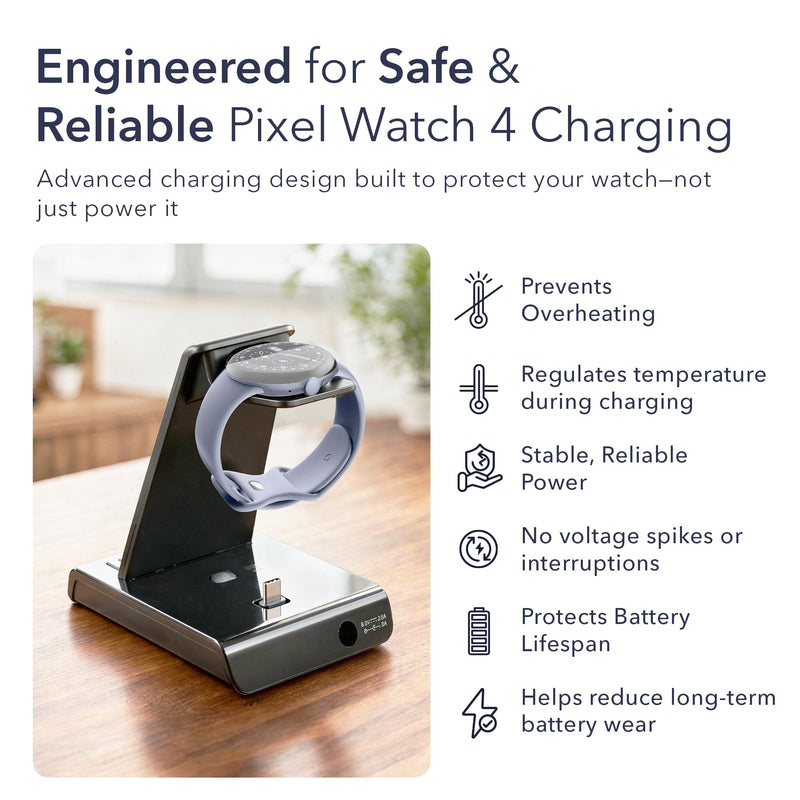 Wasserstein 3-in-1 Wired Charging Station Compatible with Google Pixel, Buds & Watch 4 (41mm & 45mm) - NOT Compatible with Pixel Watch 1, 2 & 3 - Adjustable USB-C Plug - Made for Google