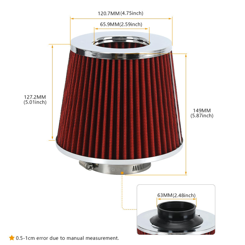 PTNHZ Universal Red 2.5" 63mm High Flow Cold Air Intake Cone Air Filter Power Intake Air Inlet System Air Cleaner 2.5" Red(1PCS)