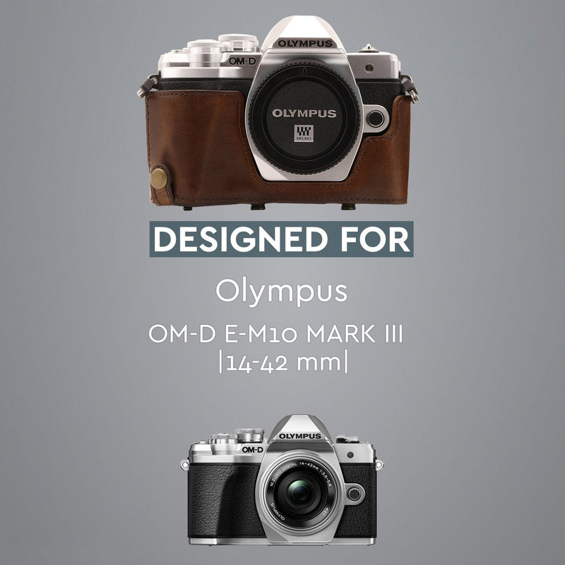 MegaGear Olympus OM-D E-M10 Mark III (14-42mm) Ever Ready Leather Camera Case and Strap, with Battery Access - Dark Brown - MG1346