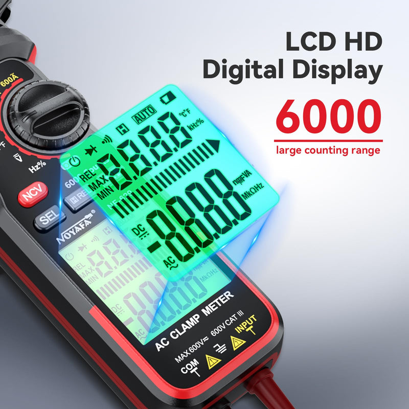 NOYAFA Digital Clamp Meter Multimeter 6000 Counts TRMS, Clamp Multimeter Tester for 600V AC/DC Voltage, High AC Current, Capacitance, Diode Test, Continuity Test, Temperature, Frequency Duty Cycle