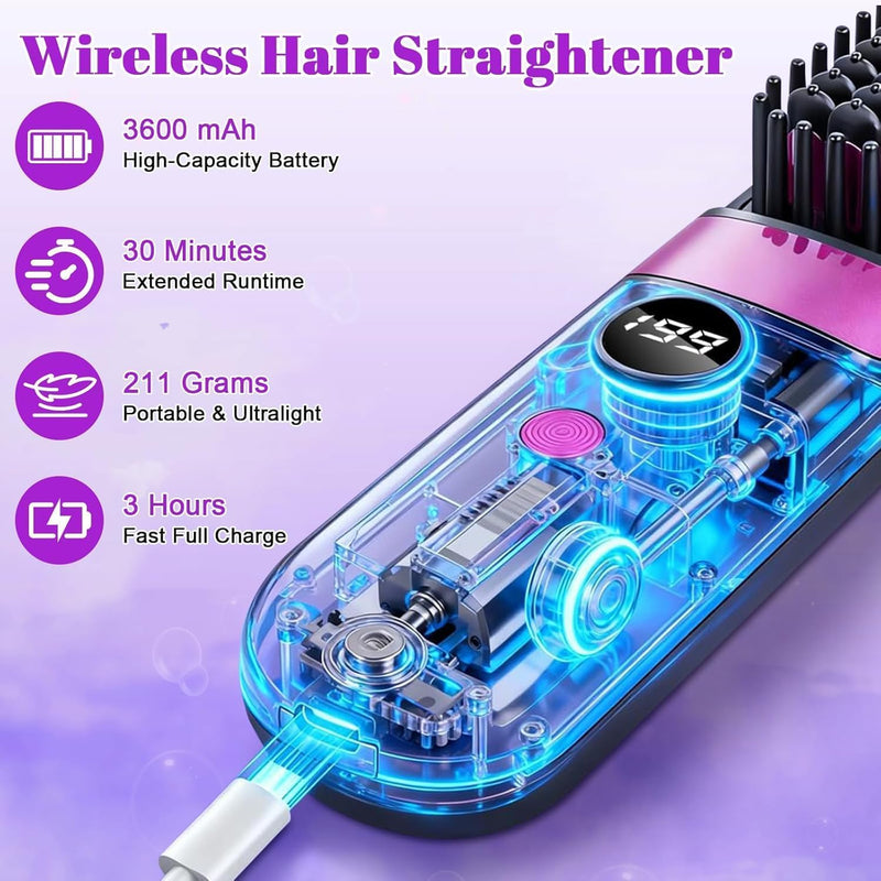 Go Brush Pro UK Cordless Hair Straightener Brush, Portable Rechargeable Ceramic Styling Brush with 4 Heat Modes & LED Display, Hair Gobrush Pro Rechargeable Straightener Hot Comb for Travel