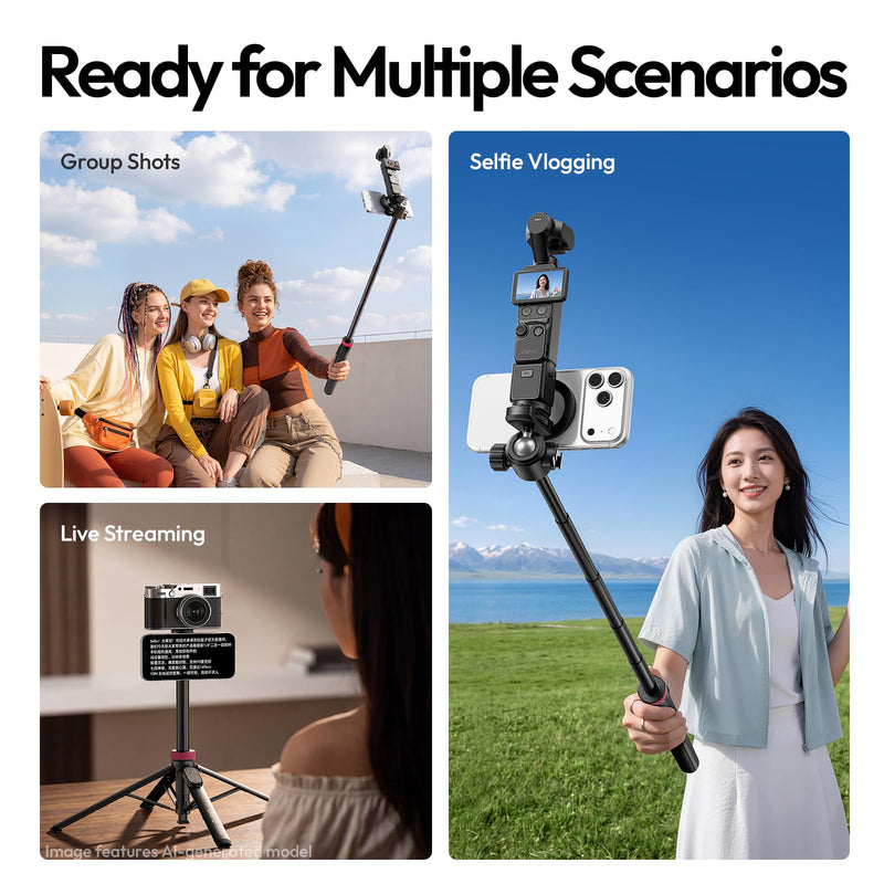 ULANZI MT44M Auto Open Magnetic Phone Tripod, 59" Selfie Stick with Remote | Tripod Stand 2-in-1 Dual Mount&1/4" Screw for Phone&Camera, 360°Ball Head for iPhone Android, Vlogging, Live Streaming, Black