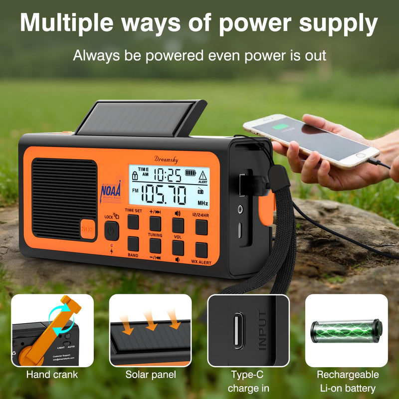 DreamSky Emergency Radio NOAA Weather Alert with Hand Crank | Radio Portable AM FM SW, 18500mWh Rechargeable Battery Operated, Solar Powered, SOS Alarm, Flashlight, Reading Lamp, USB Port Orange