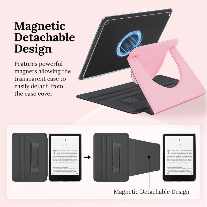 Magnetic Rotating Stand Case for 7'' Kindle Paperwhite & Colorsoft | Magnetic Detachable, Adjustable Stand, Auto Wake/Sleep, Clear PC Case, Soft TPU Edge, Hand Strap, Anti-Slip Grooves, Pink 7" e-book-reader