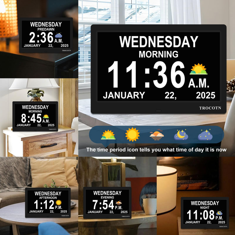 TROCOTN Dementia Clocks, Large Display Calendar Alarm Clock with Auto DST for Seniors, 5 Display Modes Large Font Digital Clock with Custom Alarms Day Date Clocks. (10 Inch Black) 10 inch