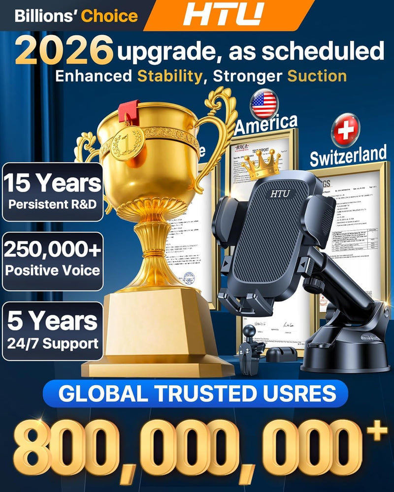 Car Phone Holder【2026 Upgraded 100+LBS Suction & Safety Cert】 Cell Phone Car Mount for Truck Heavy Duty Phone Holder for Dashboard/Windshield/Vent for iPhone 17 16 Pro Max, Dark Black