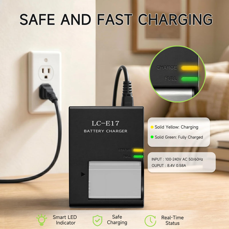 LC-E17 LC-E17E Charger Replacement for Canon EOS RP R10 Rebel T7i T6i | Smart camera battery charger for LP-E17 EOS Rebel T6s, SL3, SL2, EOS 77D, 200D, 250D, 750D, 760D, 800D, 850D