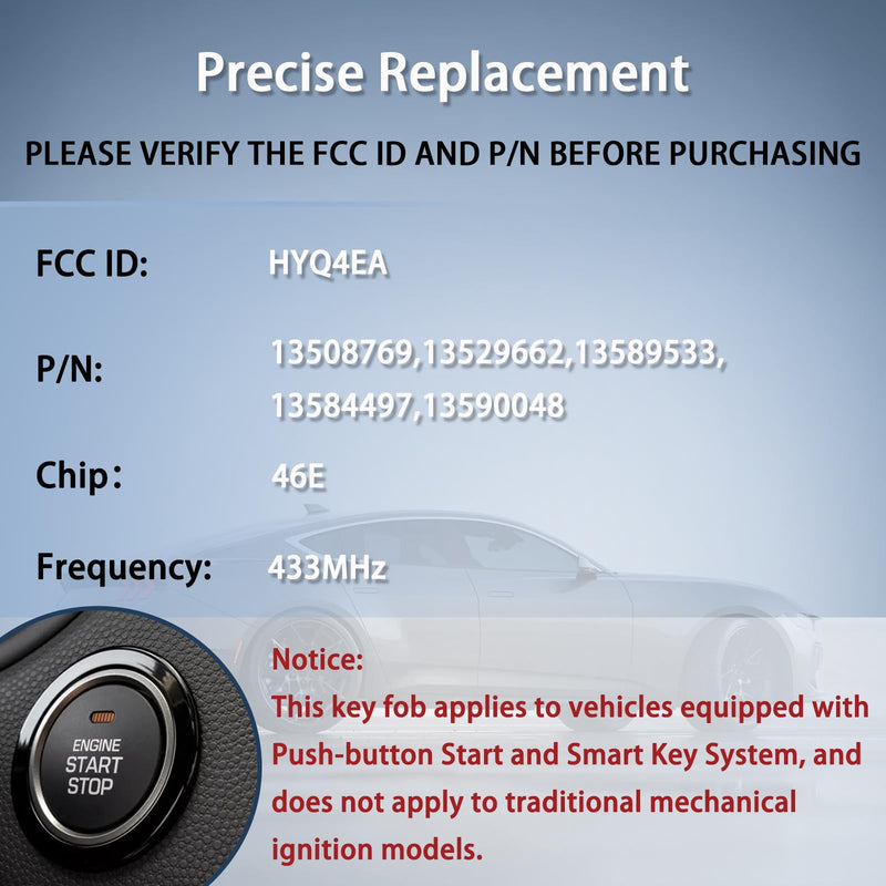 Key Fob Fit for 2016-2022 Chevy Malibu, 2016-2019 Cruze, 2016-2021 Camaro | HYQ4EA 433MHz Replacemt Key Fob 5 Button w/ Trunk Remote Start Replaces 13508769 13529662 13590048 13589533 13584497 46E Chip