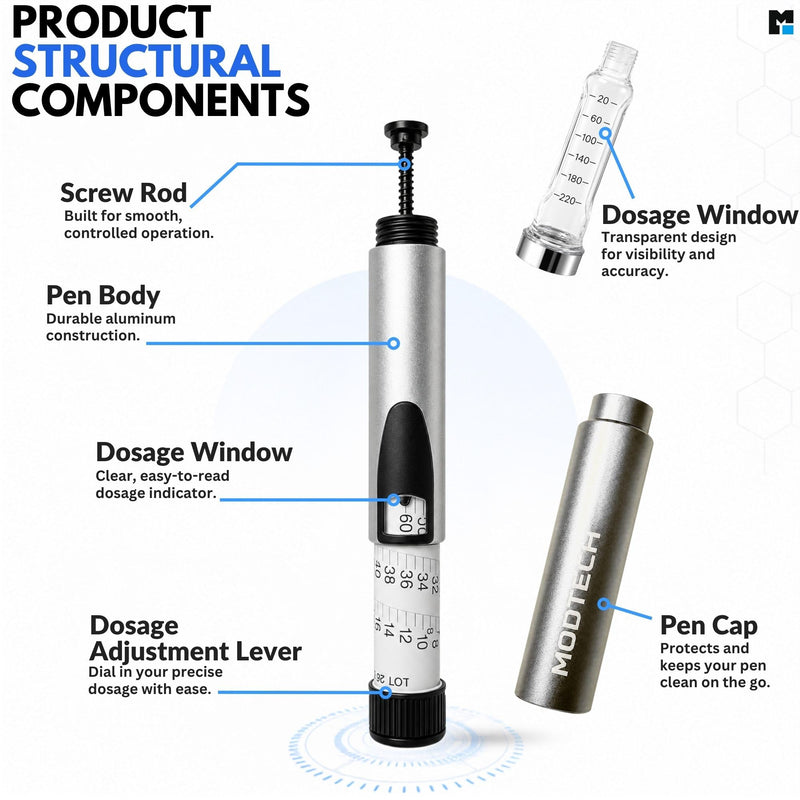 V2 Premium Metal Research Pen with Precision Dial Up to 60 Units - Professional Laboratory Instrument with Aluminum Body & Adjustable Mechanism (Silver) - MODTECH Silver