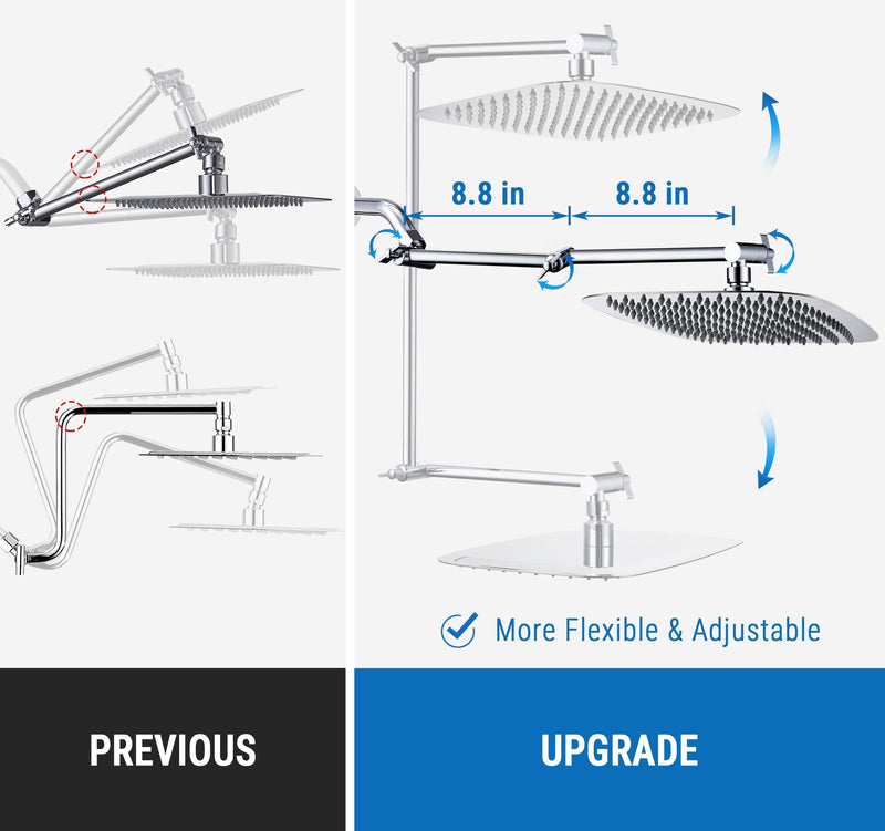 G-Promise 18 Inch Shower Head Extension Arm, Solid Brass Height & Angle Adjustable Extender, Rise or Lower Rainfall and Fixed Shower Head (Chrome) Chrome