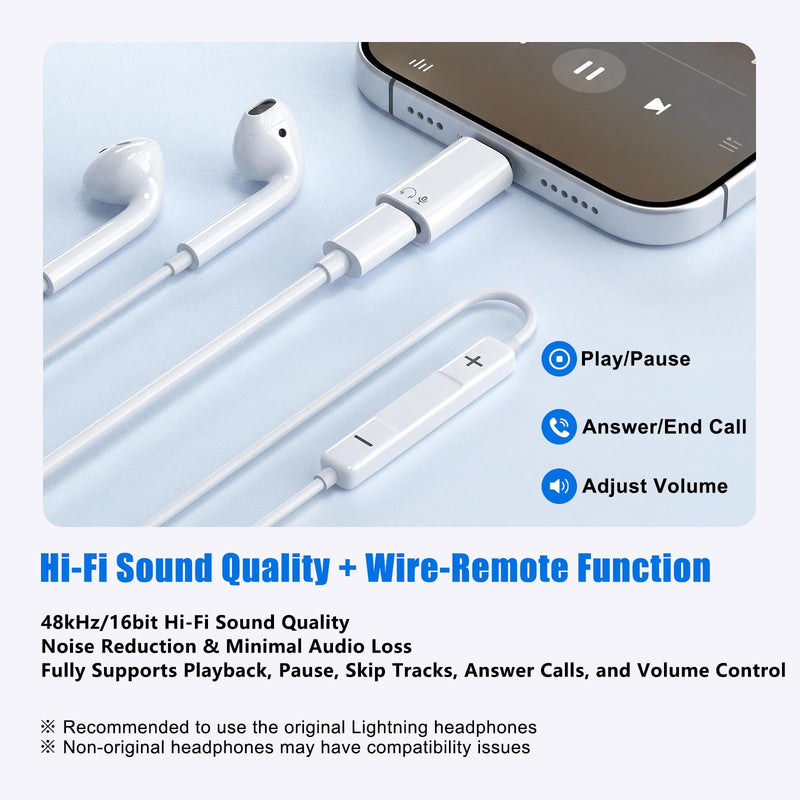 (New Combo) Lightning to USB C Adapter Compatible with iPhone 17/16/15 | 1×48kHz/16bit Hi-Fi Audio Headphone Adapter with Line Control + 1×27W Fast Charging Lightning to USBC Adapter with 3A Limit