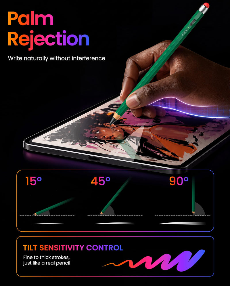 Stylus Pen for iPad 2018-2026, Pencil-Style with Fine Tip & Rubber Tip | USB-C Charging, Magnetic Digital Pencil for iPad Pro 11/12.9/13, Air 3rd-8th, Mini 5-7, iPad 6th-11th Gen, Green UltraPencil-GN