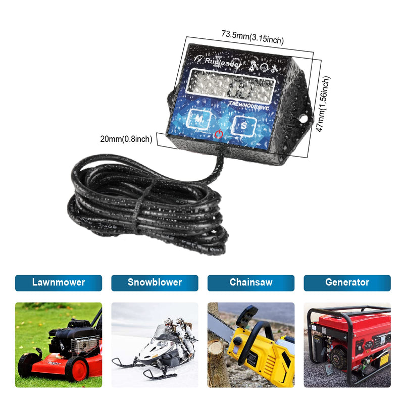 Digital Hour Meter Tachometer Maintenance Reminder Backlight Battery Replaceable for Small Gasoline Engine Lawnmower Snowblower Generator（Wire Length 10ft）