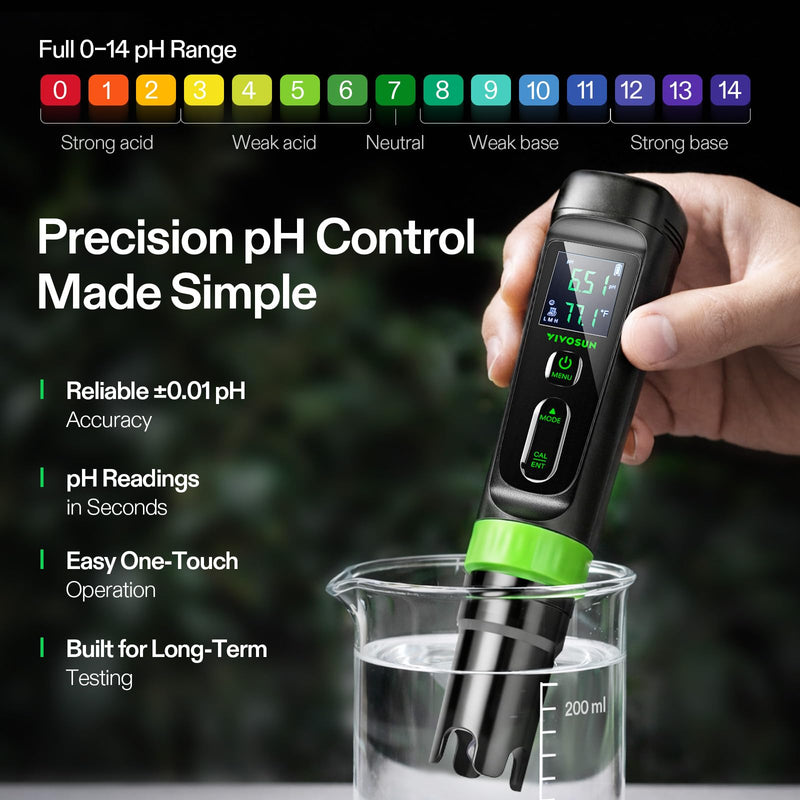 VIVOSUN Aerolab Digital pH Meter Kit ±0.01 High Accuracy, Waterproof pH Tester Pen with Replaceable Probe, LCD Display, Auto Temperature Compensation, Calibration Powder for Hydroponics, Gardening Black