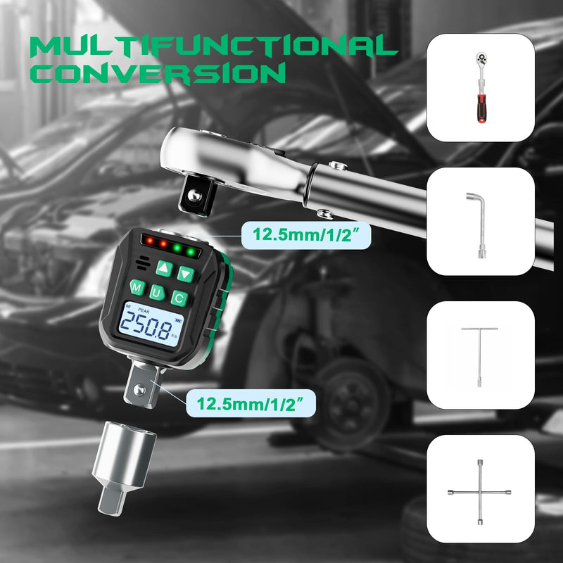 1/2-Inch Digital Torque Adapter, 12.54-250.8 Ft.lb/17-340 N.m, Electronic Torque Wrench Converter with ±2% Accuracy, Preset Function, Data Storage, 3/8” & 1/4” Adapter for Bike, Moto, Car 1/2-Inch 12.5-250.8 Ft-lb/17-340 Nm