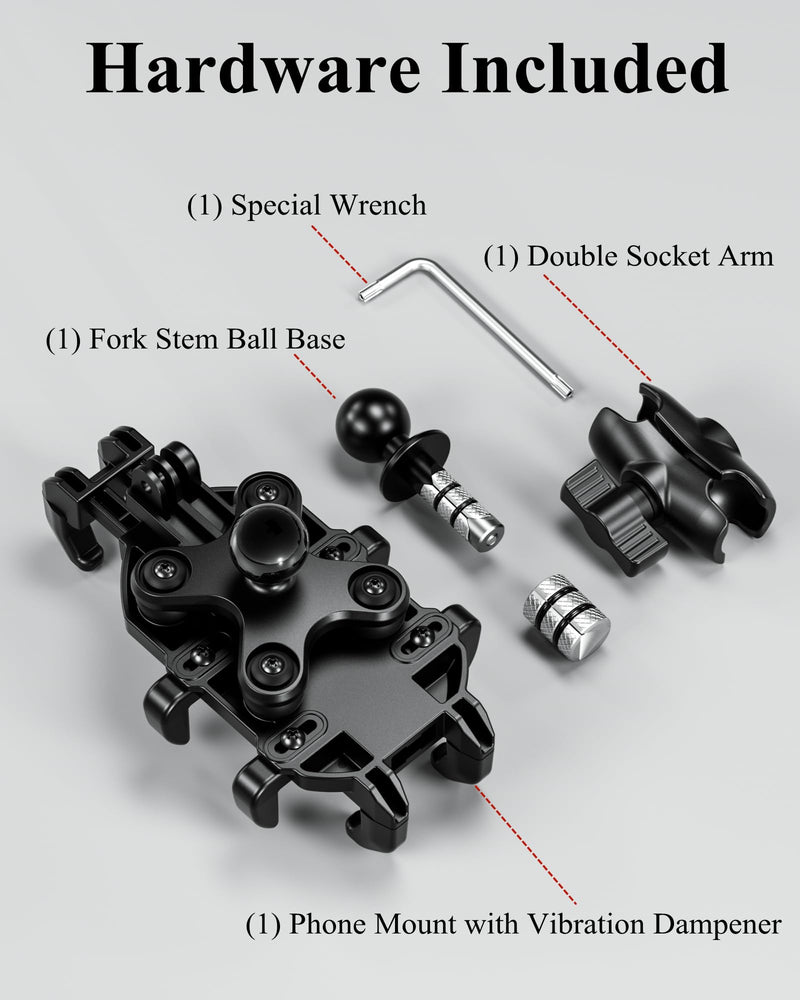 BRCOVAN Motorcycle Fork Stem Phone Mount with Vibration Dampener, Adjustable Heavy Duty Motorcycle Cellphone Holder Fit Stem Tubes 12mm-25.4mm in Diameter, Compatible with 5.4''-7.2'' Smartphones