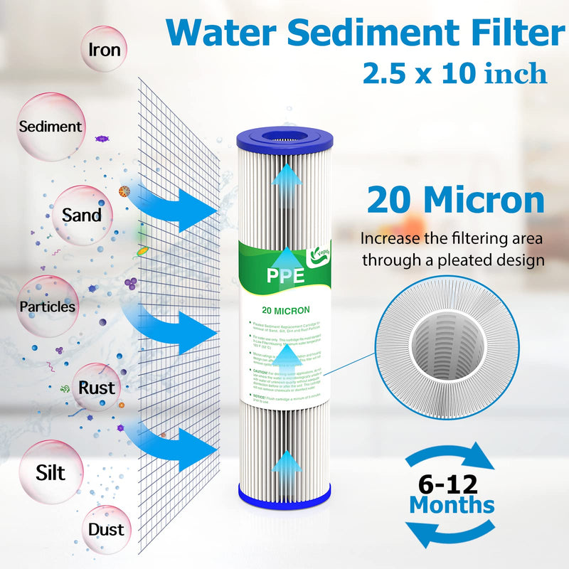 20 Micron Water Filter 10" x 2.5", 10-inch Whole House Sediment Pre-Filters for Well & Tap water, Replacement Cartridge for FXWPC, EQ-PFC35, ECP5-10, S1, 3WH-STDPL-F02, SPC-25-1005, 6-Pack