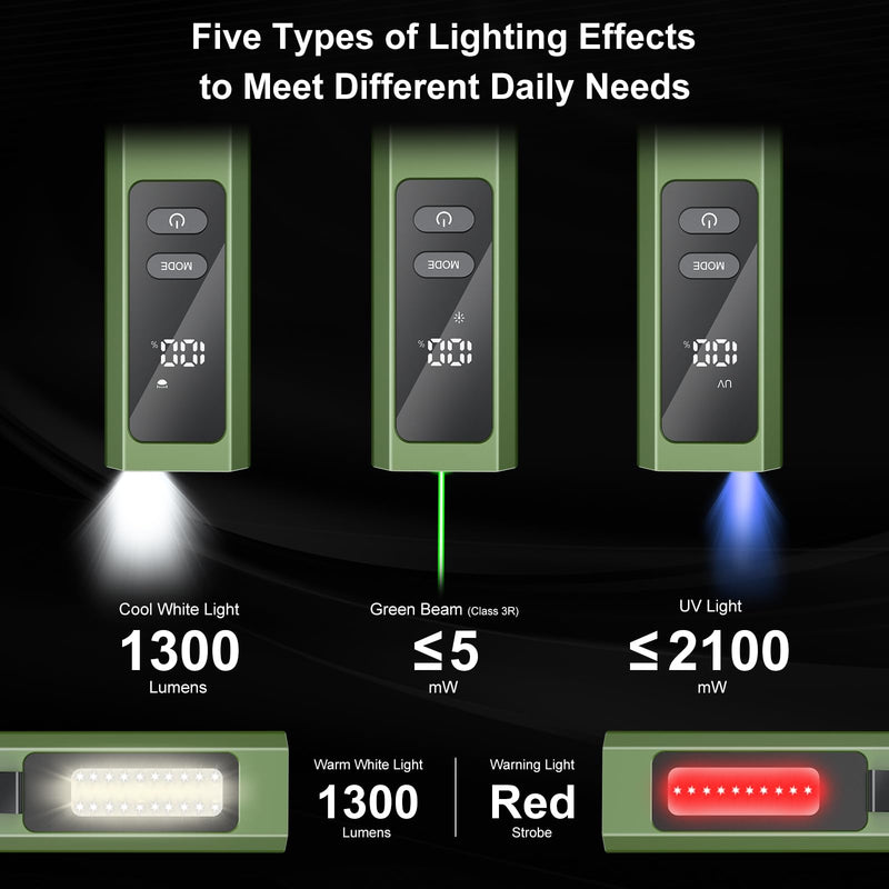 EDC Flat Flashlight High Lumens, Rechargeable Pocket Light with White/Warm LED, UV, Gream Beam, Flash Combo, 4 Bright Modes, Double Magnetic Base, for Outdoors, Emergency, Work, Detection (Green) Green