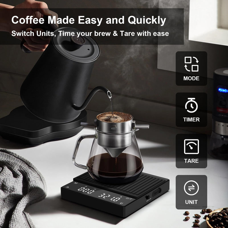 Rechargeable Mini Coffee Scale, Diyife Pour Over Coffee Scale with Timer, 2kg/0.1g Accurate Scale, Auto/Manual Timing, Mini Portable Digital Kitchen Scale for Drip Coffee, Espresso, French Press