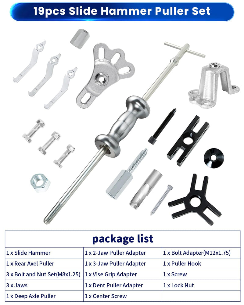 ATPEAM 9-Way Slide Hammer Puller Set | Front Wheel Hub Bearing Remover & Rear Wheel Axle Hub Dent Shaft Puller Tool Kit 19pcs Polished Chrome Finish Slide Hammer