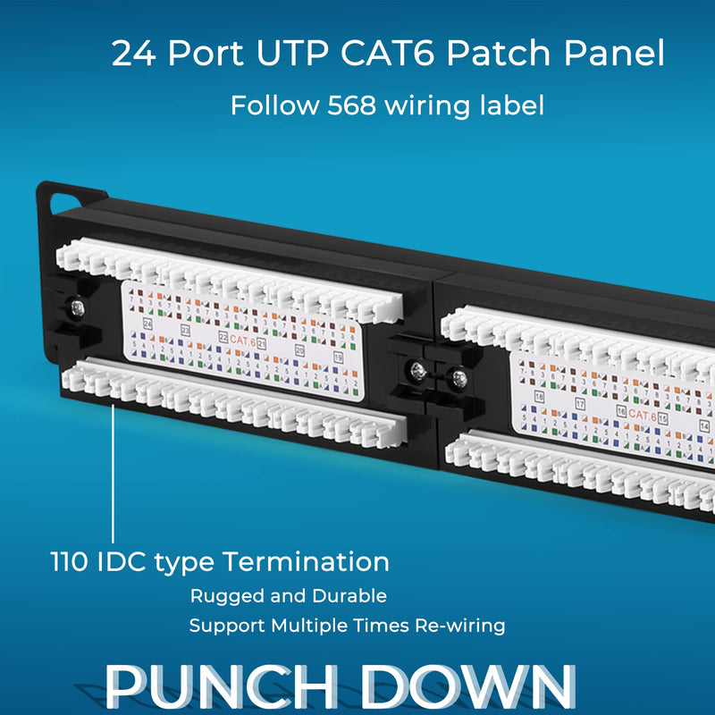 Rapink Patch Panel 24 Port Cat6 10G Support, Network Panel UTP 19-Inch, Wallmount or Rackmount 1U Ethernet Patch Panel Punch Down Block for Cat6, Cat5e, Cat5 Cabling 24Port
