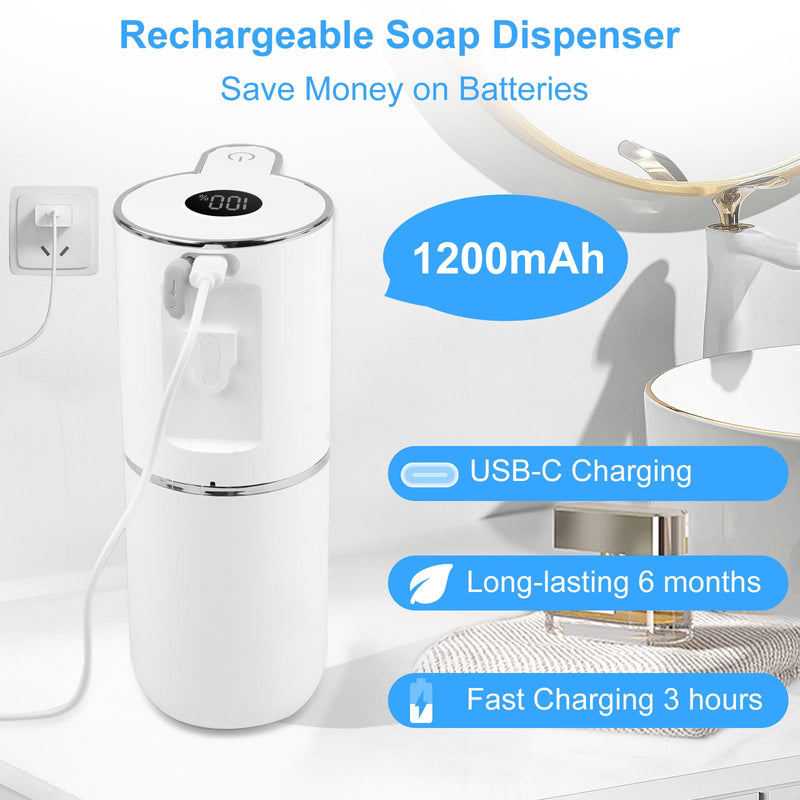 Automatic Soap Dispenser,6-Level Foaming Hand Soap Dispenser,Touchless Dish Soap Dispenser for Kitchen Bathroom,Ipx5 Waterproof,1200mah Rechargeable,12.8oz/380ml,Wall Mount & Countertop White