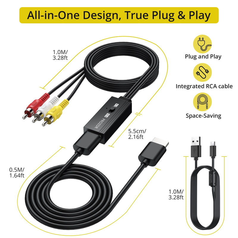 PROZOR RCA to HDMI Converter 1.5ft Cable, AV Composite CVBS Audio Video Adapter, 1080P, 4:3/16:9 Switch, for PS1/PS2/N64/Wii/Xbox, VCR/VHS/DVD Players to HDTV, Plug & Play