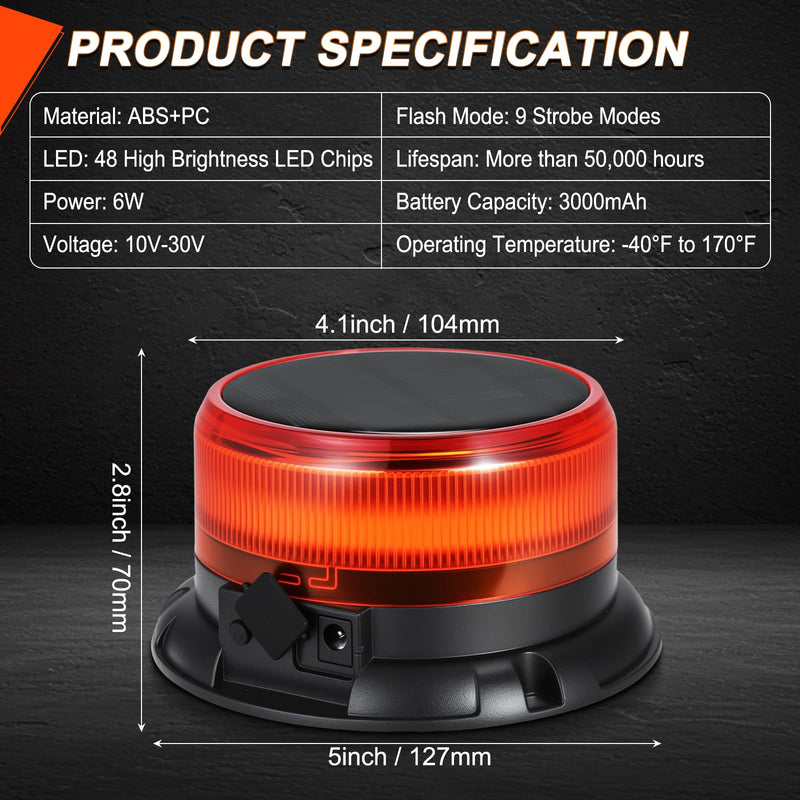Solar Amber Strobe Light, 48 LED Rechargeable Emergency Warning Beacon Light with 9 Flash Modes, Magnetic Mount, IP68 Waterproof for Trucks, Forklifts, Tractors, Golf Carts, UTV, Car, Bus