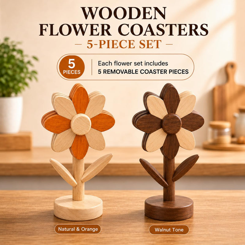 Sunflower Trivets for Hot Dishes, 5Pc Wooden Tree Trivet Stand Set | Flippable wooden sunflower petals expand 5.5 to 6.69 in - trivet & coaster in one, doubles as countertop decor Walnut & Beech Wood