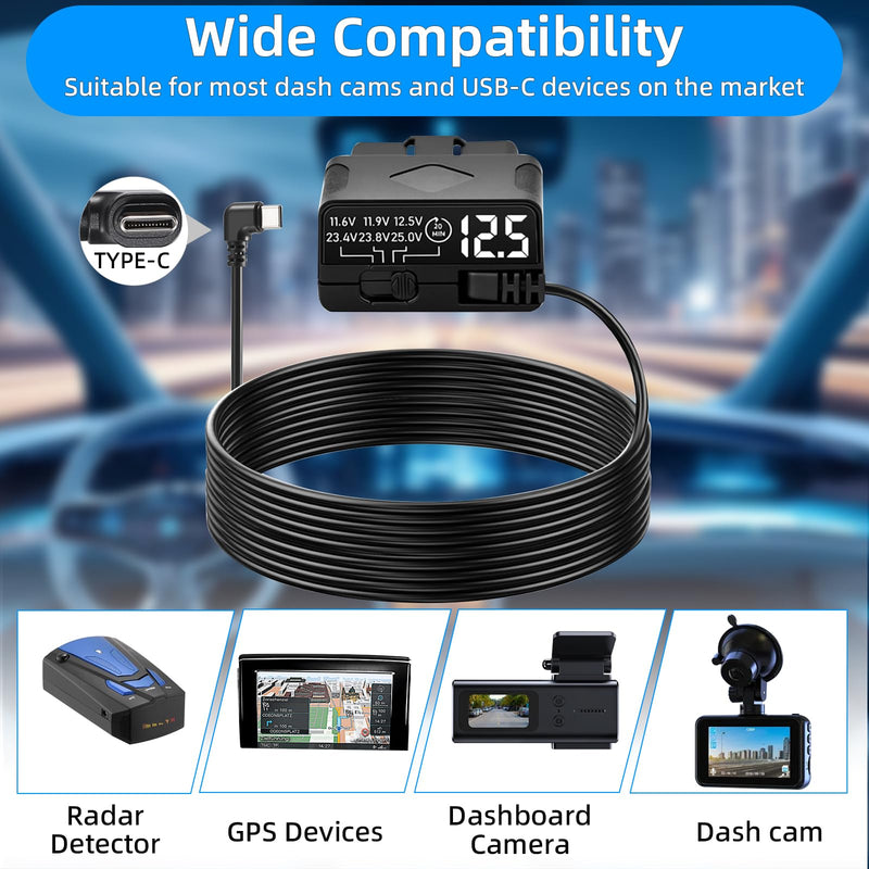 OBD2 to USB C Power Cable for Dash Cam, Plug and Play Dashcam Hardwire Kit with LED Voltmeter, 4-Level Low Voltage Protection (11.6V/11.9V/12.5V/20min), 12V-24V to 5V/3A for Parking Mode, 11.5ft/3.5M 350 centimeters Black