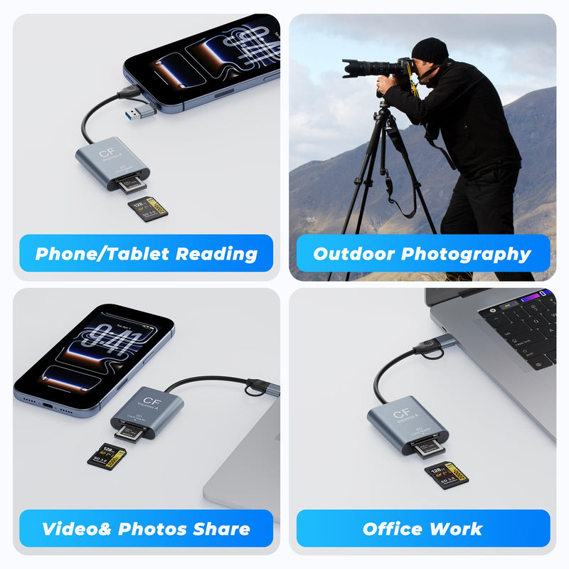 2-in-1 CFexpress Type A&SD Card Reader,USB3.2 Gen 2 10Gbps CFexpress Type A Memory Card Reader with USB-C + USB-A Cable,Dual-Slot CF Express Type A Reader Compatible with Windows,Mac Book,Google Blue
