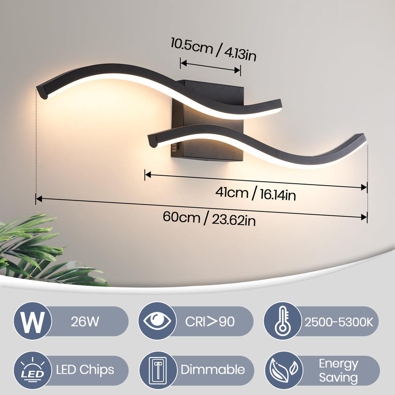 Bathroom Vanity Light Fixture, 26W 5CCT Dimmable Modern Led Bathroom Light Fixtures Over Mirror, LED Vanity Lighting Bar for Bathrooms (Black, 24inch) Black
